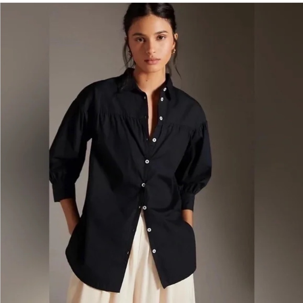 Maeve Anthropologie Black puff sleeve button down.